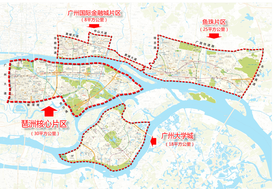 廣州人工智能與數(shù)字經(jīng)濟試驗區(qū)由琶洲核心片區(qū)（含廣州大學城）、廣州國際金融城片區(qū)和魚珠片區(qū)構建起“一江兩岸三片區(qū)”空間格局，總面積約81平方公里。每個片區(qū)都有各自不同的發(fā)展側重點，取得了不同的發(fā)展成效。圖為試驗區(qū)示意圖。