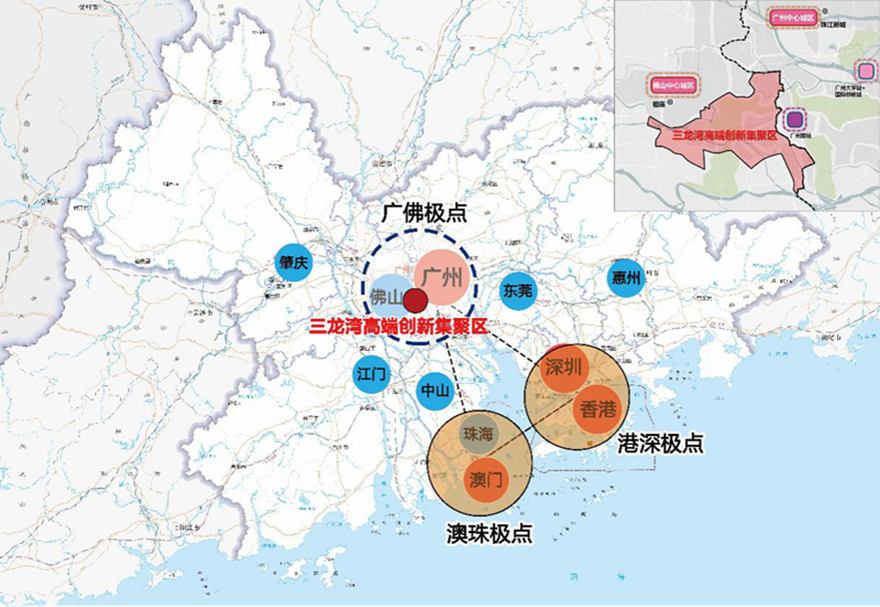 2021年2月，廣東省推進粵港澳大灣區建設領導小組正式印發了《佛山三龍灣高端創新集聚區發展總體規劃(2020—2035年）》。三龍灣將打造成廣東省推進粵港澳大灣區建設的重要發展平臺和珠江西岸創新極核，建設成為面向全球的先進制造業創新高地、珠江西岸開放合作標桿、廣佛融合發展引領區和高品質嶺南水鄉之城。圖為三龍灣區位示意。