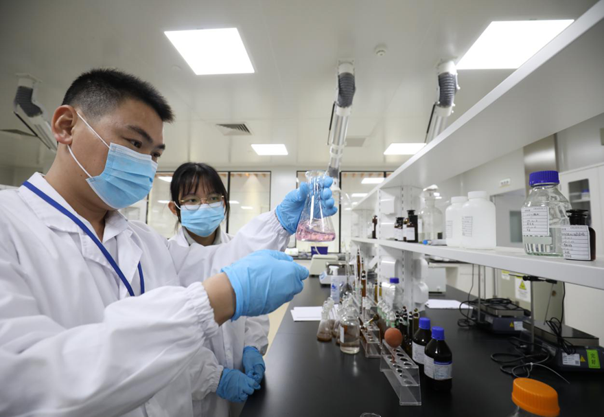 在產學研方面，澳門科技大學、廣州中醫藥大學、福建中醫藥大學等高校和產業園建立了合作關系，促進科技成果在園區的落地、孵化和轉化。圖為研發人員正在進行研究。