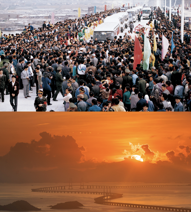 上圖：1993年11月，珠海大橋通車；下圖：2020年，港珠澳大橋日出。港珠澳大橋的建成使得粵港澳三地聯(lián)系更加緊密