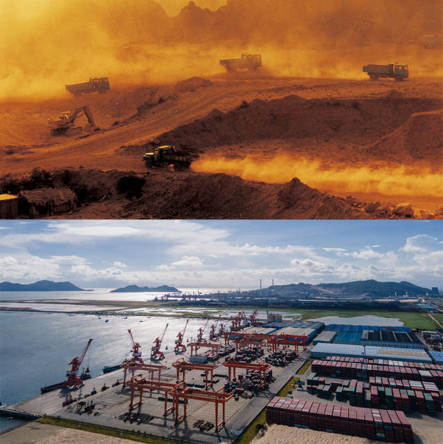 上圖：1990年，珠海港在建設(shè)中；下圖：2020年，珠海市高欄港經(jīng)濟(jì)區(qū)承載著特區(qū)貨運(yùn)樞紐的重?fù)?dān)