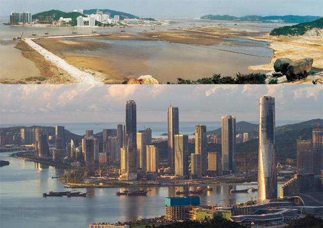 上圖：1992年，橫琴島十字門圍海造地；下圖：2020年，珠海橫琴新區(qū)的建設(shè)正如火如荼進(jìn)行中