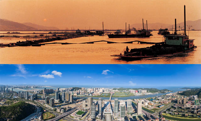 上圖：1992年，橫琴島經(jīng)過科學(xué)論證與規(guī)劃，開始大規(guī)模圍海造地；下圖：2020年，珠海橫琴新區(qū)全貌