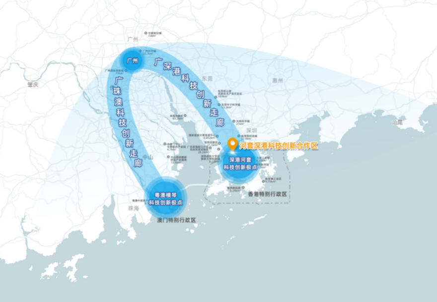 河套合作區(qū)地處大灣區(qū)科技創(chuàng)新資源集聚的地帶，有力支撐廣深港科技創(chuàng)新走廊建設(shè)，有利于融合香港原始創(chuàng)新和珠三角地區(qū)高新技術(shù)產(chǎn)業(yè)優(yōu)勢，全方位匯聚創(chuàng)新資源。圖為兩點兩廊（即廣深港、廣珠澳科創(chuàng)走廊和深圳河套、珠海橫琴創(chuàng)新極點）示意圖。