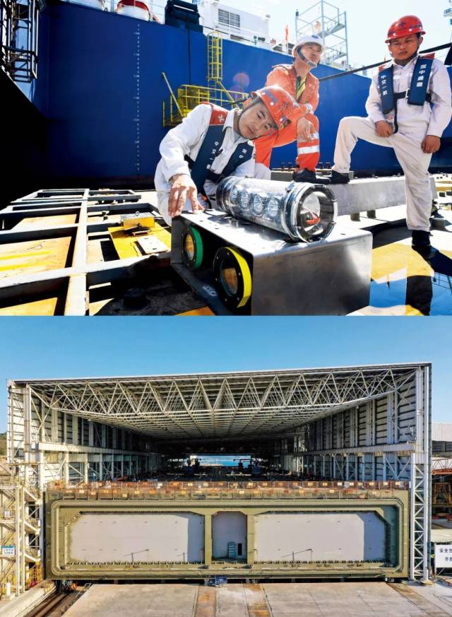 上圖：2022年7月22日，在“一航津安1”號沉管運輸安裝一體船掛載的E19沉管上，測繪團隊負(fù)責(zé)人（左一）為潛水員講解拆解水下雙目攝影定位設(shè)備的注意事項。下圖：2023年1月30日，中交四航局珠海牛頭島沉管智慧工廠，深中通道海底隧道最后一個管節(jié)（非標(biāo)準(zhǔn)管節(jié)、含最終接頭）。本版圖/新華社