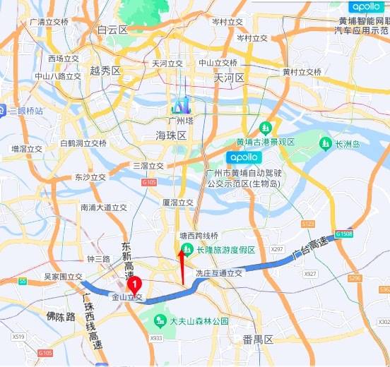 藍色曲線為廣臺高速，紅色箭頭為廣臺高速以北番禺地區(qū)。