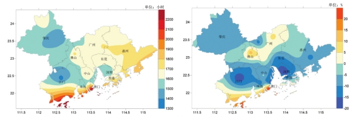 左圖為2024大灣區年日照時數分布（小時），右圖為2024大灣區年日照時數距平百分率分布（%）
