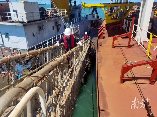 關員搭乘交通艇駛向一艘裝載著16.3萬噸進口鐵礦石的巨輪,對該輪實施登輪監管。 關員搭乘交通艇駛向一艘裝載著16.3萬噸進口鐵礦石的巨輪,對該輪實施登輪監管。