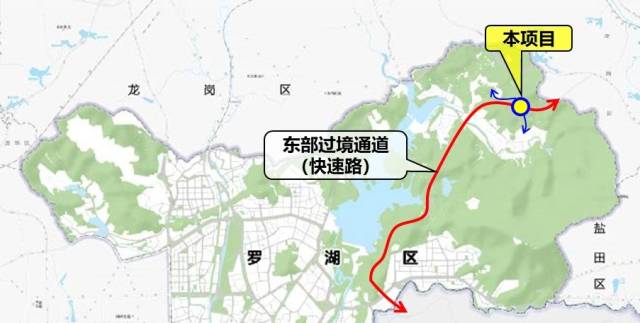 深圳東部過(guò)境通道龍過(guò)水立交及銜接通道市政工程項(xiàng)目區(qū)域位置圖，圖源深圳交通