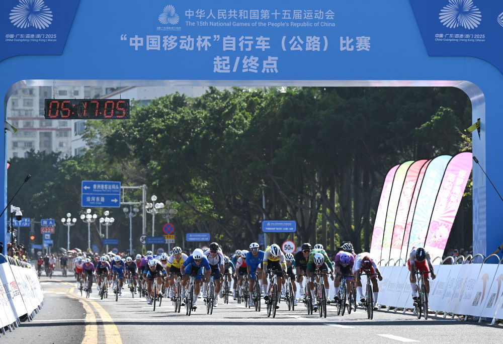 11月8日，第十五屆全國運動會公路自行車男子個人賽參賽選手在比賽中沖向終點。新華社記者 連振 攝