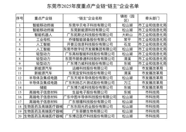 東莞市2025年重點(diǎn)產(chǎn)業(yè)鏈“鏈主”企業(yè)名單