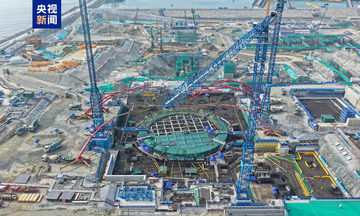 An aerial view of construction site of the Unit 4 project of China's first Hualong One nuclear power unit in the Guangdong-Hong Kong-Macao Greater Bay Area in Huidong county, Huizhou, South China's Guangdong Province on May 10, 2026. Photo: Screenshot from CCTV News
