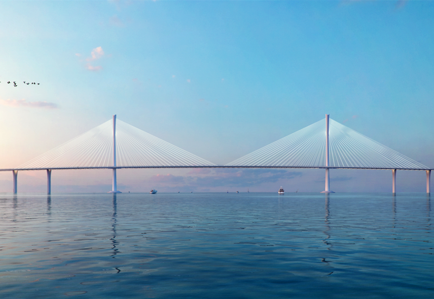 高欄港大橋?yàn)橹骺?00米獨(dú)柱塔雙索面全漂浮體系斜拉橋。高欄港大橋跨越黃茅海海域東東航道，索塔采用混凝土獨(dú)柱塔，造型設(shè)計(jì)獨(dú)特。總塔高248.7米，通航高度64米，建成后可滿足5萬(wàn)噸級(jí)船舶通行。圖為高欄港大橋設(shè)計(jì)效果圖。